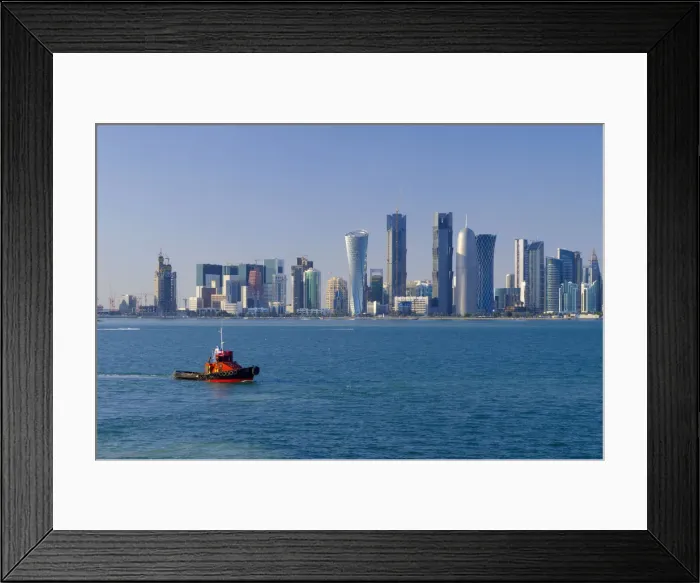 Framed Print : Qatar, Doha, modern skyline including Al Bidda Tower, Palm Towers, Burj Qatar Framed Print : Qatar, Doha, modern skyline including Al Bidda Tower, Palm Towers, Burj Qatar