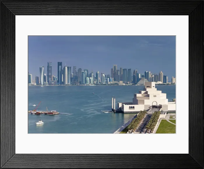 Framed Print : Qatar, Doha, Elevated view over the Museum of Islamic Art and the Dhow harbour to