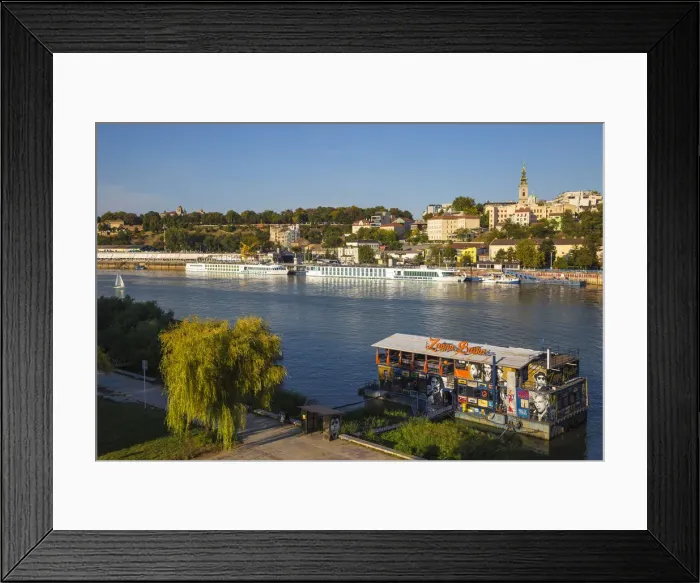 Framed Print : Serbia, Belgrade, Floating bar and nightclub on Sava River across to St Framed Print : Serbia, Belgrade, Floating bar and nightclub on Sava River across to St