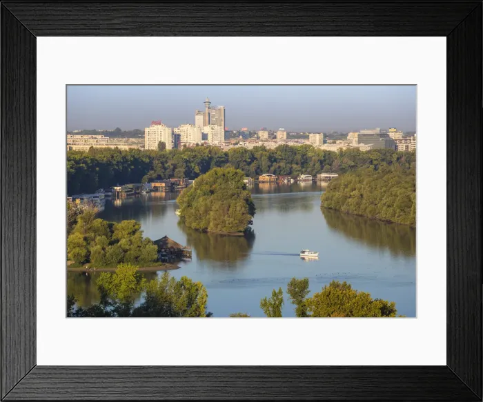 Framed Print : Serbia, Belgrade, View across the confluence of the Sava and Danube rivers, to New Framed Print : Serbia, Belgrade, View across the confluence of the Sava and Danube rivers, to New