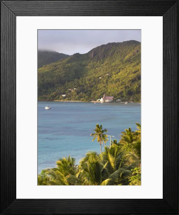 Framed Print : Seychelles, Mahe Island, Anse Royale, Town Church and palms, morning Framed Print : Seychelles, Mahe Island, Anse Royale, Town Church and palms, morning