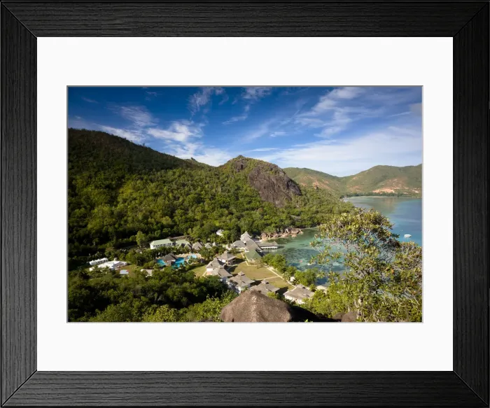 Framed Print : Seychelles, Praslin Island, Anse Volbert, La Reserve Hotel overview Framed Print : Seychelles, Praslin Island, Anse Volbert, La Reserve Hotel overview