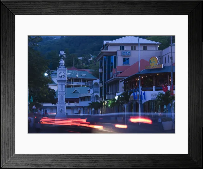 Framed Print : Seychelles, Mahe Island, Victoria, town clocktower and evening traffic Framed Print : Seychelles, Mahe Island, Victoria, town clocktower and evening traffic