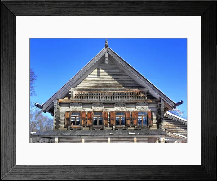 Framed Print : Traditional wooden house (1882), Museum of wooden architecture Vitoslavlicy, Veliky Framed Print : Traditional wooden house (1882), Museum of wooden architecture Vitoslavlicy, Veliky