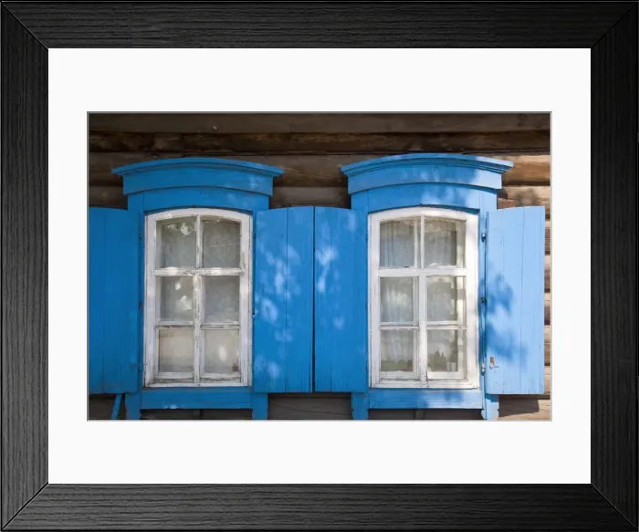 Framed Print : Russia, Irkutsk, Wooden house with blue shuttters