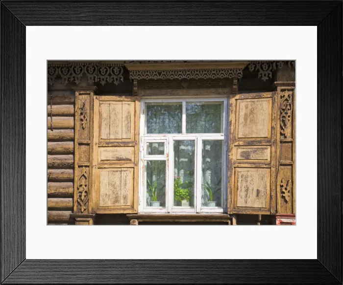 Framed Print : Russia, Irkutsk, Wooden shutters on house Framed Print : Russia, Irkutsk, Wooden shutters on house