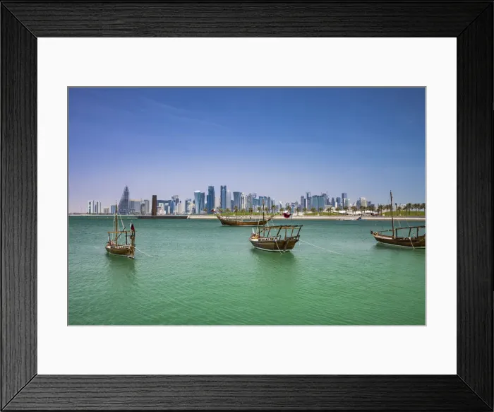 Framed Print : West Bay skyline and Dhows in harbour, Doha, Qatar Framed Print : West Bay skyline and Dhows in harbour, Doha, Qatar