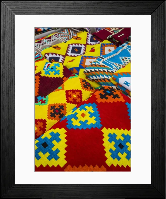 Framed Print : Colourful rugs, Souk Waqif, Doha, Qatar