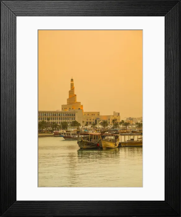 Framed Print : Sprial mosque of the Qatar Islamic Centre and Dhow harbour, Doha, Qatar Framed Print : Sprial mosque of the Qatar Islamic Centre and Dhow harbour, Doha, Qatar