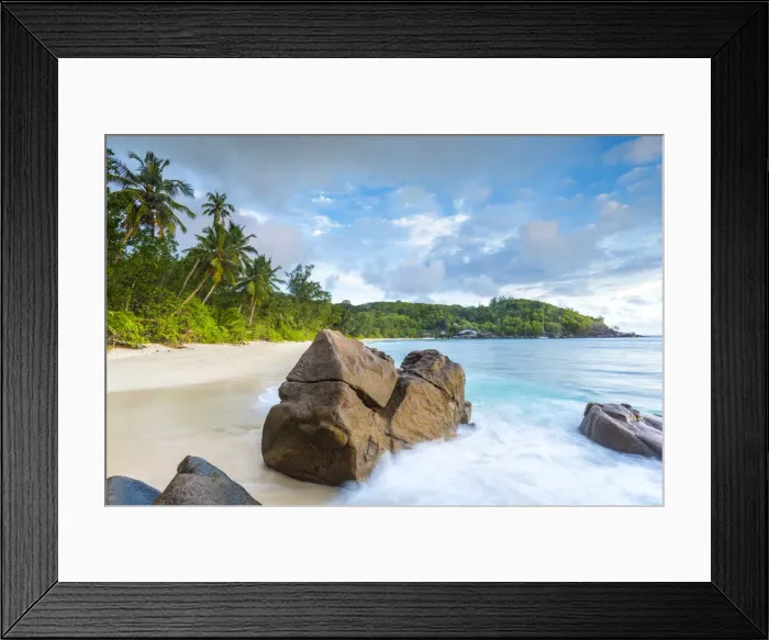 Framed Print : Palm trees and tropical beach, southern Mahe, Seychelles