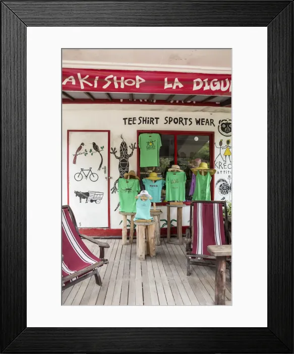 Framed Print : LSmall shop selling beachwear, a Digue, Seychelles Framed Print : LSmall shop selling beachwear, a Digue, Seychelles