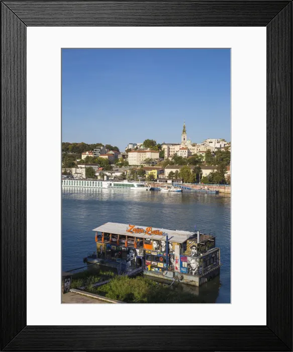 Framed Print : Serbia, Belgrade, View of floating bar and nightclub on Sava River across to St Framed Print : Serbia, Belgrade, View of floating bar and nightclub on Sava River across to St
