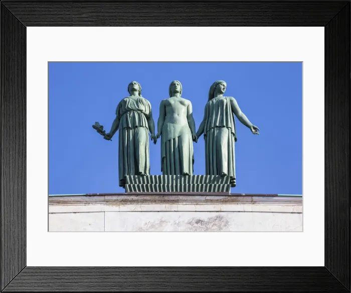 Framed Print : Serbia, Belgrade, Stari Grad - the Old Town, Three statues on top of The French Embassy