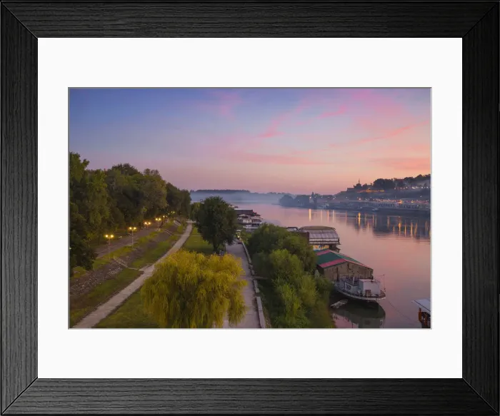 Framed Print : Serbia, Belgrade, View of floating bars and nightclubs on Sava River across to Victor Framed Print : Serbia, Belgrade, View of floating bars and nightclubs on Sava River across to Victor