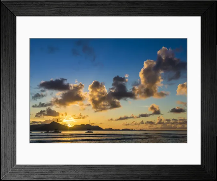 Framed Print : Cumulus cloads at sunset, La Digue, Seychelles Framed Print : Cumulus cloads at sunset, La Digue, Seychelles