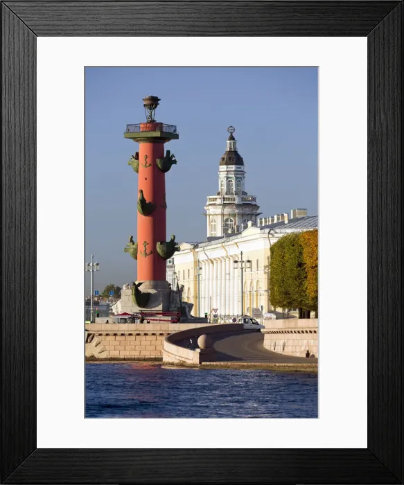 Framed Print : Building of the first Russian museum Kunstkamera (Kustkammer) and historic Rostral Framed Print : Building of the first Russian museum Kunstkamera (Kustkammer) and historic Rostral