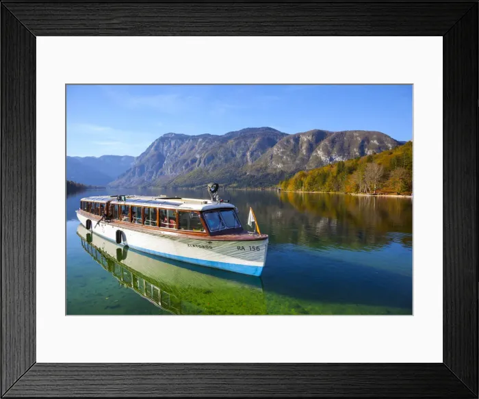 Framed Print : Ferry boat on idyllic Lake Bohinj, Triglav National Park, Slovenia Framed Print : Ferry boat on idyllic Lake Bohinj, Triglav National Park, Slovenia