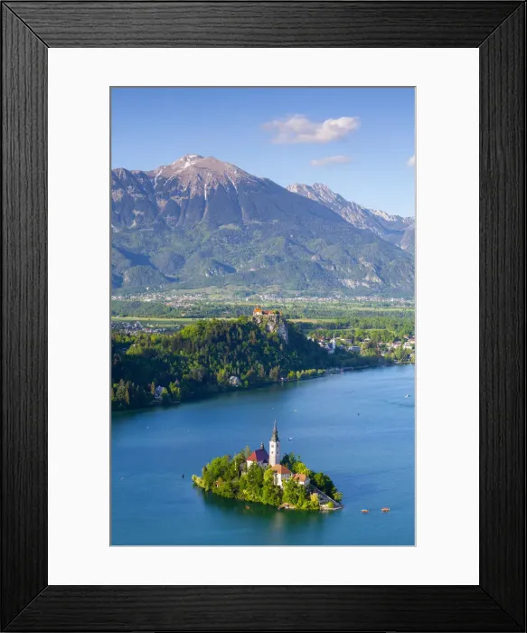 Framed Print : Elevated view over Bled Island with the Church of the Assumption, Lake Bled, Bled Framed Print : Elevated view over Bled Island with the Church of the Assumption, Lake Bled, Bled
