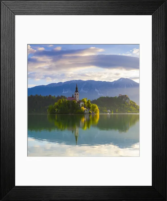 Framed Print : Bled Island with the Church of the Assumption illuminated at sunrise, Lake Bled, Bled Framed Print : Bled Island with the Church of the Assumption illuminated at sunrise, Lake Bled, Bled