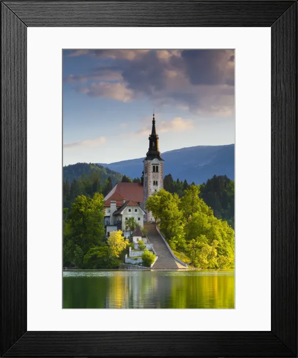 Framed Print : Bled Island with the Church of the Assumption illuminated at sunrise, Lake Bled, Bled Framed Print : Bled Island with the Church of the Assumption illuminated at sunrise, Lake Bled, Bled