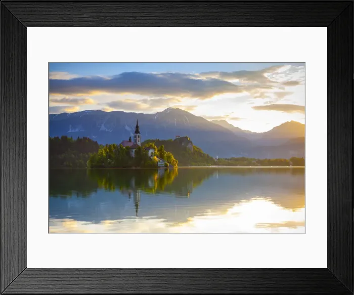 Framed Print : Bled Island with the Church of the Assumption illuminated at sunrise, Lake Bled, Bled Framed Print : Bled Island with the Church of the Assumption illuminated at sunrise, Lake Bled, Bled