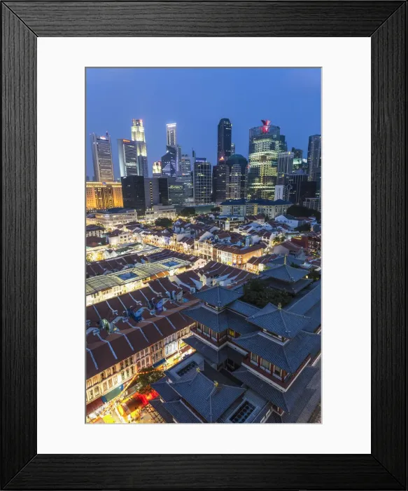 Framed Print : View over Buddha Tooth Relic Temple & city skyline at dusk, Chinatown, Singapore Framed Print : View over Buddha Tooth Relic Temple & city skyline at dusk, Chinatown, Singapore