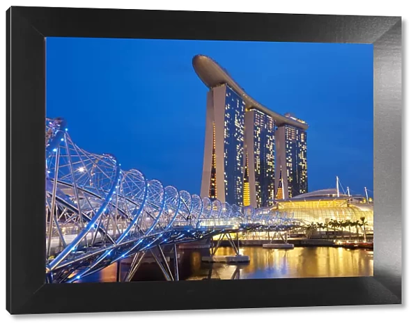 Helix bridge & Marina Bay Sands Hotel at dusk, Singapore