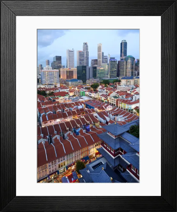 Framed Print : Elevated view over Chinatown, the new Buddha Tooth Relic temple and modern city skyline Framed Print : Elevated view over Chinatown, the new Buddha Tooth Relic temple and modern city skyline