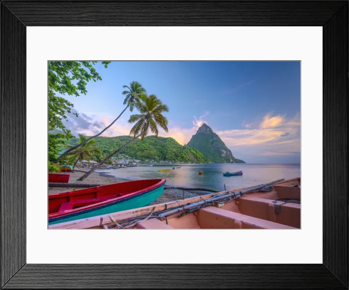 Framed Print : Caribbean, St Lucia, Soufriere, Soufriere Bay, Soufriere Beach and Petit Piton (UNESCO Framed Print : Caribbean, St Lucia, Soufriere, Soufriere Bay, Soufriere Beach and Petit Piton (UNESCO