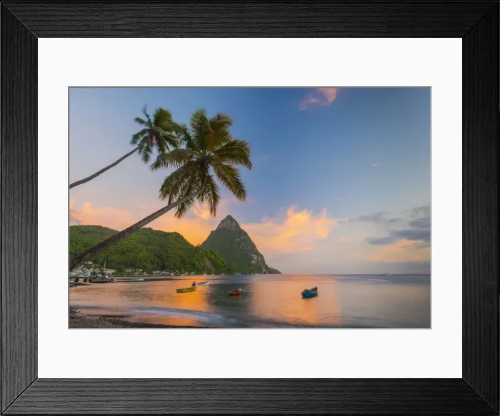 Framed Print : Caribbean, St Lucia, Soufriere, Soufriere Bay, Soufriere Beach and Petit Piton (UNESCO