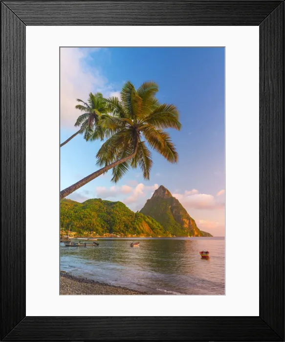 Framed Print : Caribbean, St Lucia, Soufriere, Soufriere Bay, Soufriere Beach and Petit Piton (UNESCO Framed Print : Caribbean, St Lucia, Soufriere, Soufriere Bay, Soufriere Beach and Petit Piton (UNESCO
