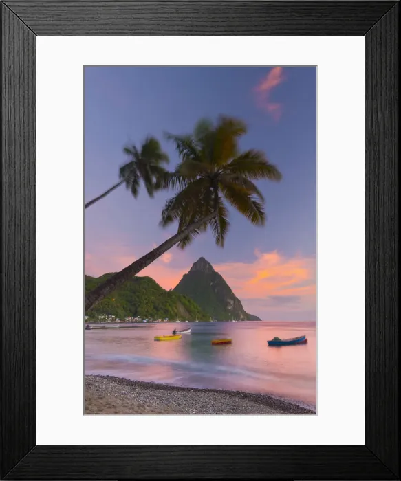 Framed Print : Caribbean, St Lucia, Soufriere, Soufriere Bay, Soufriere Beach and Petit Piton (UNESCO Framed Print : Caribbean, St Lucia, Soufriere, Soufriere Bay, Soufriere Beach and Petit Piton (UNESCO