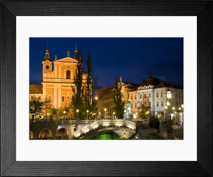 Framed Print : Evening view of Franciscan Church, Presernov Trg Square and Triple Bidge, Ljubljana Framed Print : Evening view of Franciscan Church, Presernov Trg Square and Triple Bidge, Ljubljana