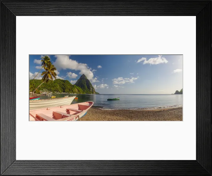 Framed Print : Caribbean, St Lucia, Soufriere, Soufriere Bay, Soufriere Beach and Petit Piton (UNESCO Framed Print : Caribbean, St Lucia, Soufriere, Soufriere Bay, Soufriere Beach and Petit Piton (UNESCO