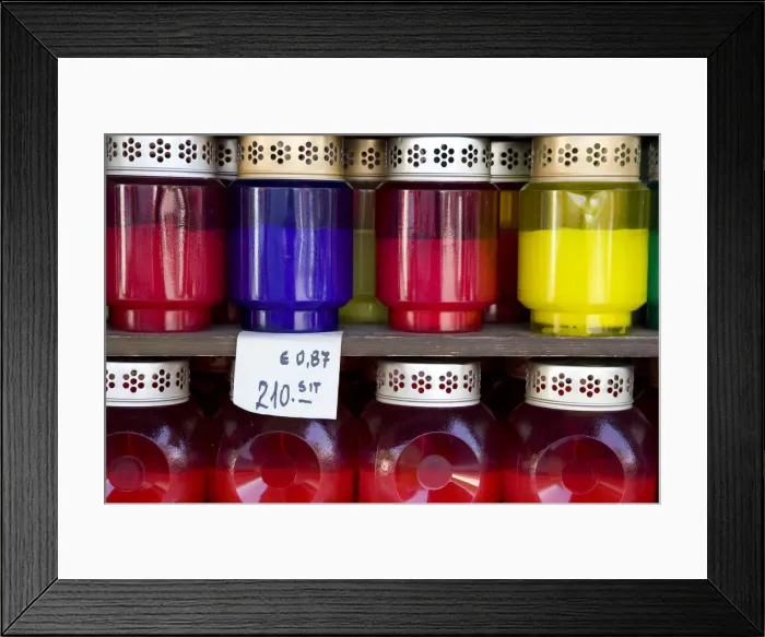 Framed Print : Cremation Urns for sale outside St Nicholas Cathedral, Ljubljana, Slovenia
