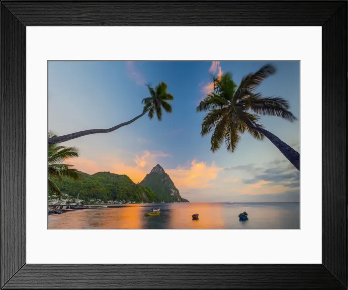 Framed Print : Caribbean, St Lucia, Soufriere, Soufriere Bay, Soufriere Beach and Petit Piton (UNESCO Framed Print : Caribbean, St Lucia, Soufriere, Soufriere Bay, Soufriere Beach and Petit Piton (UNESCO