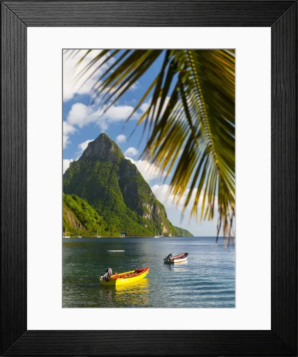 Framed Print : Caribbean, St Lucia, Soufriere, Soufriere Bay, Soufriere Beach and Petit Piton (UNESCO Framed Print : Caribbean, St Lucia, Soufriere, Soufriere Bay, Soufriere Beach and Petit Piton (UNESCO