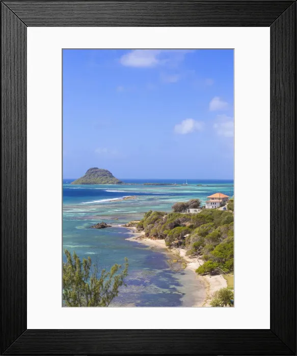 Framed Print : St Vincent and The Grenadines, View of beach on Union Island, with Frigate Island Framed Print : St Vincent and The Grenadines, View of beach on Union Island, with Frigate Island