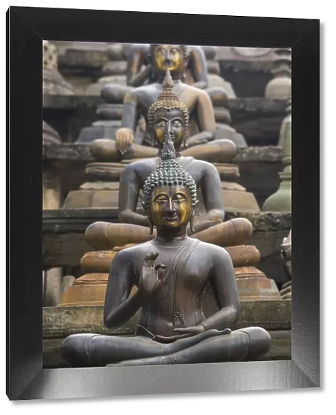 Statues of sitting Buddhas a Gangaramaya temple in Colombo, Sri Lanka