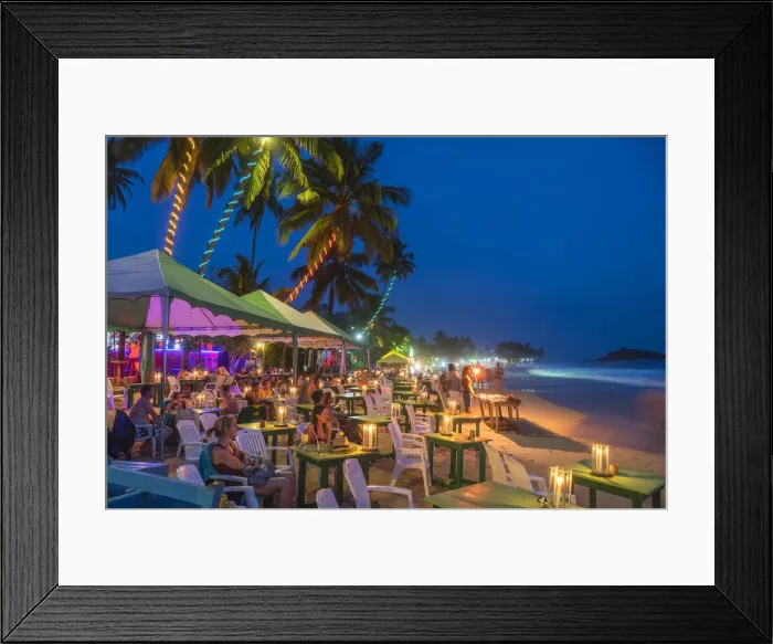 Framed Print : Restaurants on beach at dusk, Mirrisa, South Coast, Sri Lanka