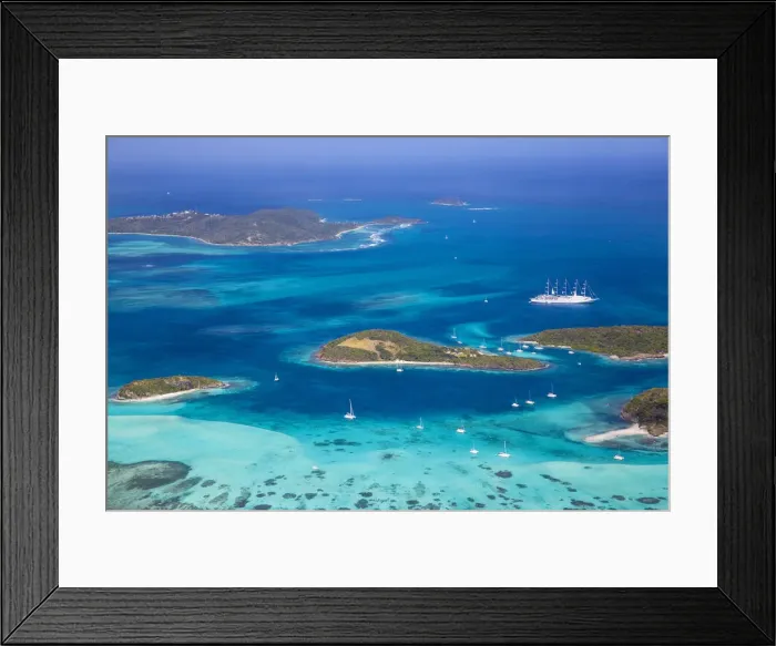 Framed Print : St Vincent and The Grenadines, Aerial view of the Tobago Cays and Club Med 2 cruise ship Framed Print : St Vincent and The Grenadines, Aerial view of the Tobago Cays and Club Med 2 cruise ship