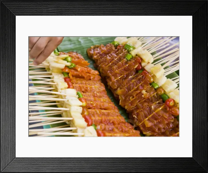 Framed Print : Kebabs, skewered meat for barbecue on street stall, Bangkok, Thailand Framed Print : Kebabs, skewered meat for barbecue on street stall, Bangkok, Thailand