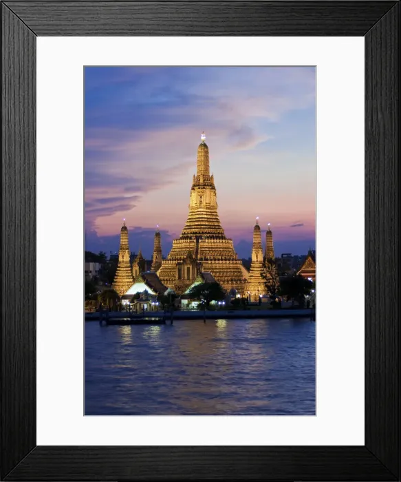 Framed Print : Thailand, Bangkok, Wat Arun, Temple Of The Dawn & Chao Phraya River illuminated at sunset