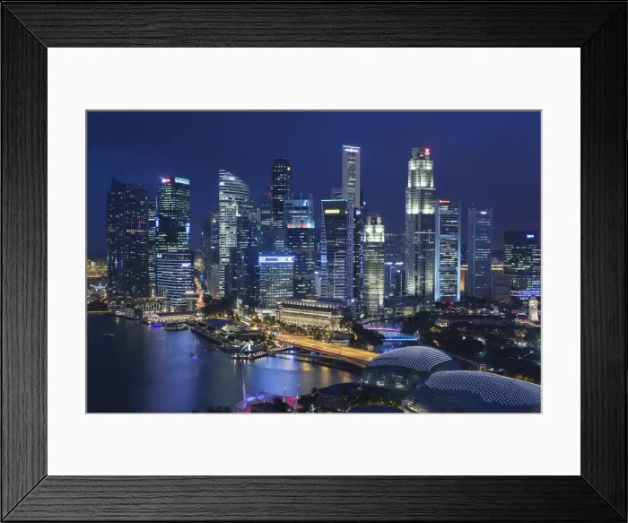 Framed Print : Singapore, city skyline elevated view above the Marina Reservoir, dusk Framed Print : Singapore, city skyline elevated view above the Marina Reservoir, dusk