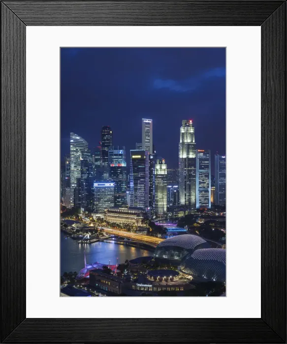 Framed Print : Singapore, city skyline elevated view above the Marina Reservoir, dusk Framed Print : Singapore, city skyline elevated view above the Marina Reservoir, dusk