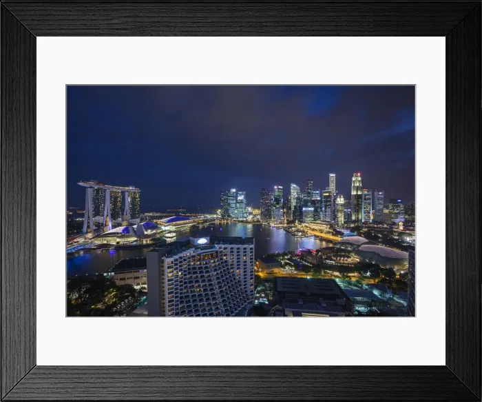 Framed Print : Singapore, city skyline elevated view above the Marina Reservoir, dusk Framed Print : Singapore, city skyline elevated view above the Marina Reservoir, dusk
