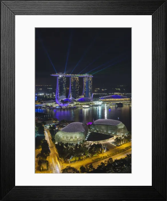 Framed Print : Singapore, Marina Bay Sands Hotel, elevated view with Esplanade Theaters on the Bay Framed Print : Singapore, Marina Bay Sands Hotel, elevated view with Esplanade Theaters on the Bay