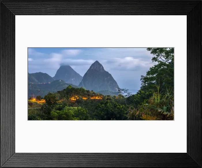 Framed Print : Caribbean, St Lucia, Petit (near) and Gros Piton Mountains (UNESCO World Heritage Site)