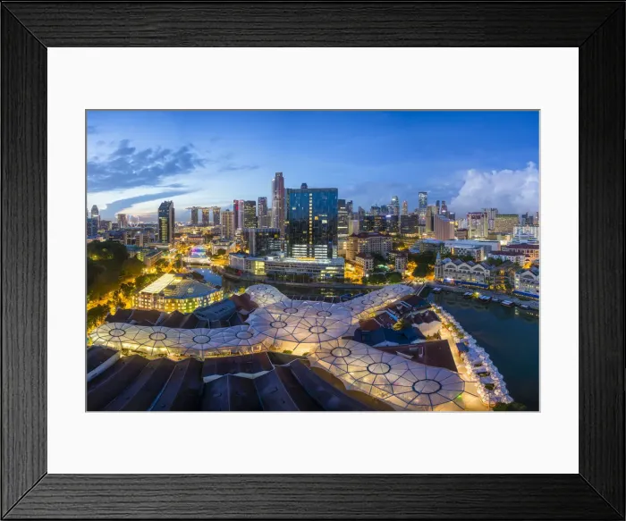 Framed Print : Elevated view over the city skyline and riverside restaurants at the entertainment Framed Print : Elevated view over the city skyline and riverside restaurants at the entertainment