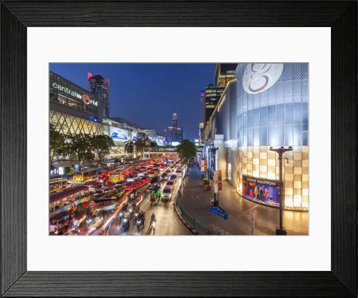 Framed Print : Thailand, Bangkok, Siam Square Area, traffic on Ratchaprarop Road, dusk Framed Print : Thailand, Bangkok, Siam Square Area, traffic on Ratchaprarop Road, dusk